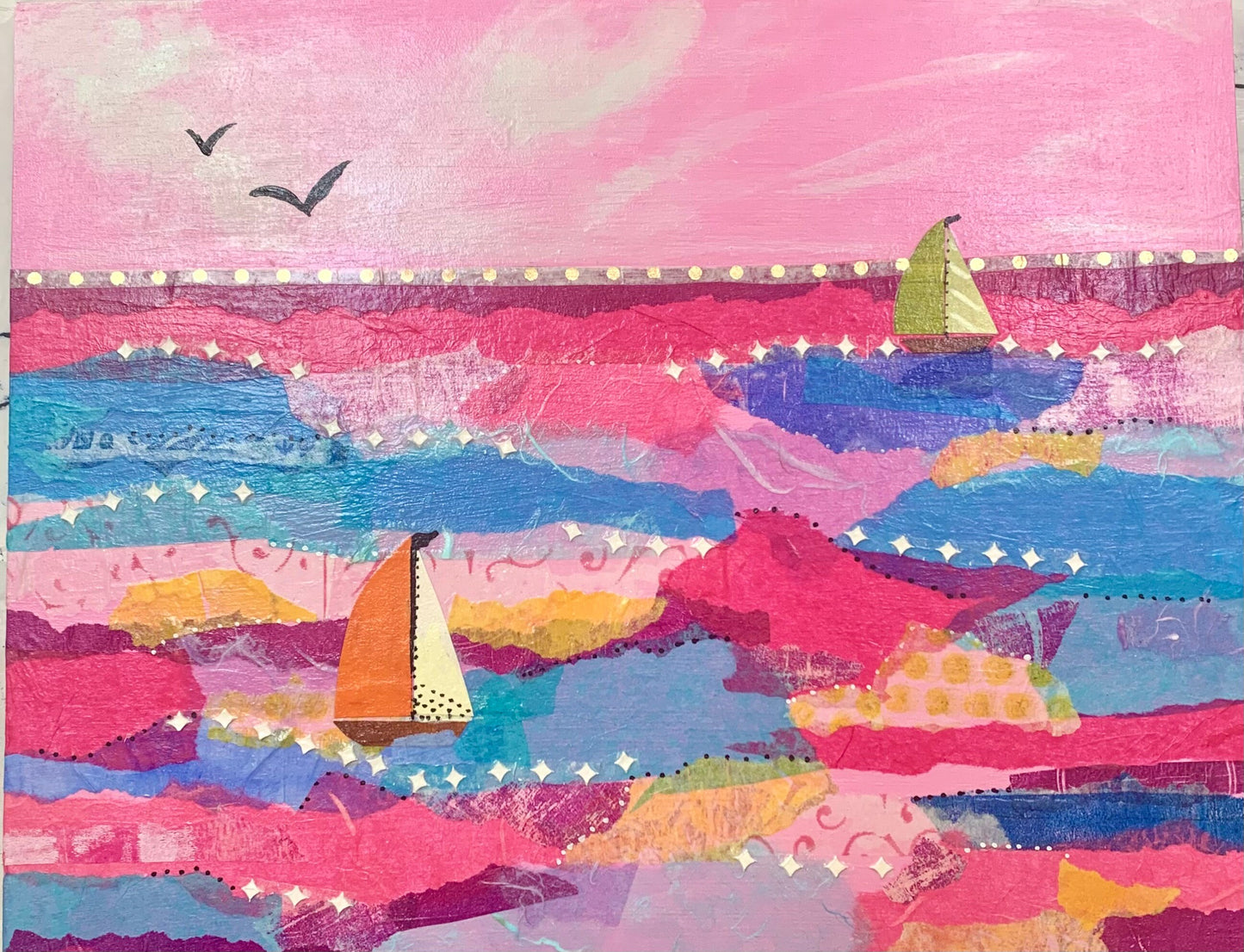 Seascape Sailboat Collage in Pink painting Ocean Wave Beach life Ocean lover Gift Original Seascape Decor Wave Beach Coastal art Ocean storm