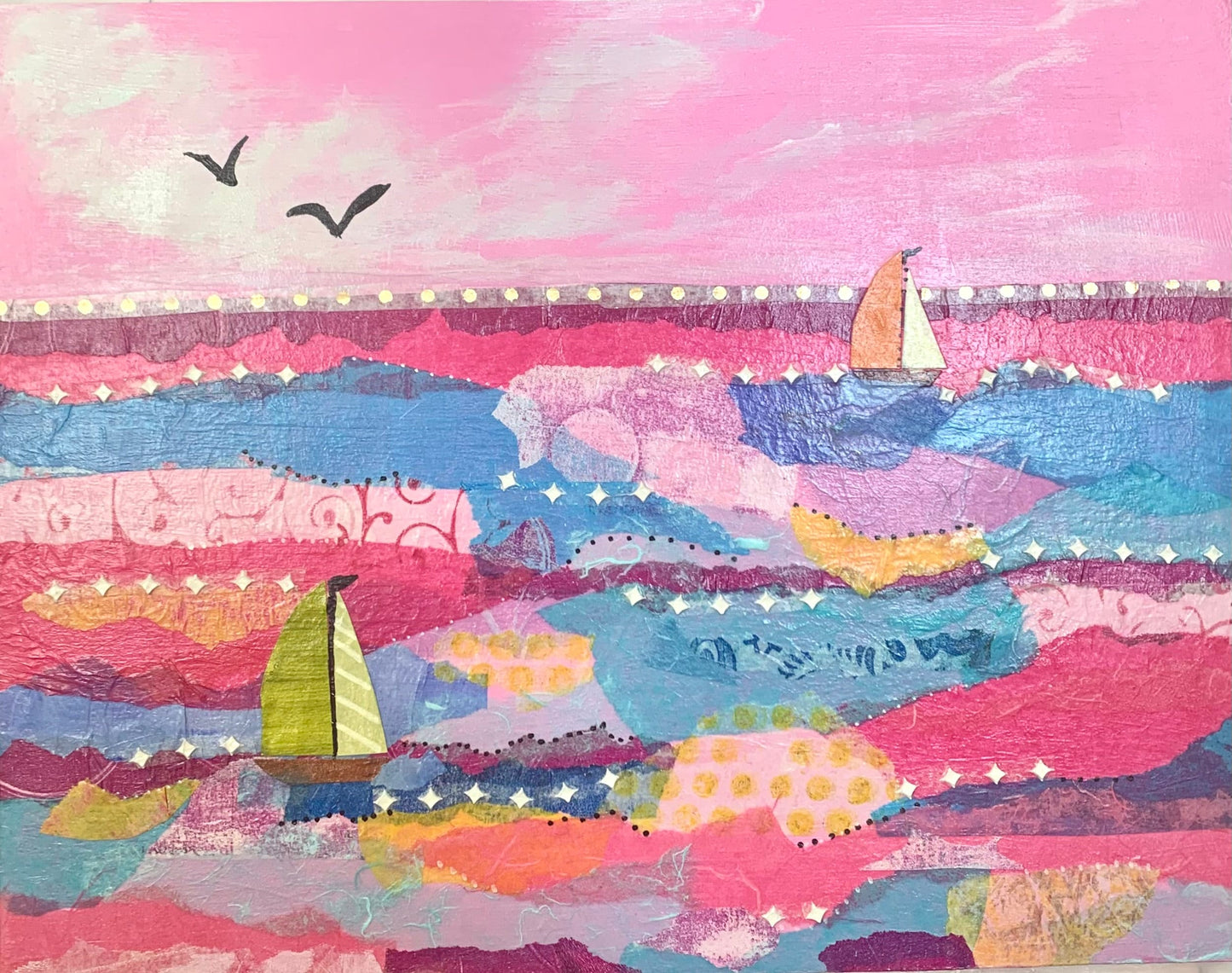 Seascape Sailboat Collage in Pink painting Ocean Wave Beach life Ocean lover Gift Original Seascape Decor Wave Beach Coastal art Ocean storm