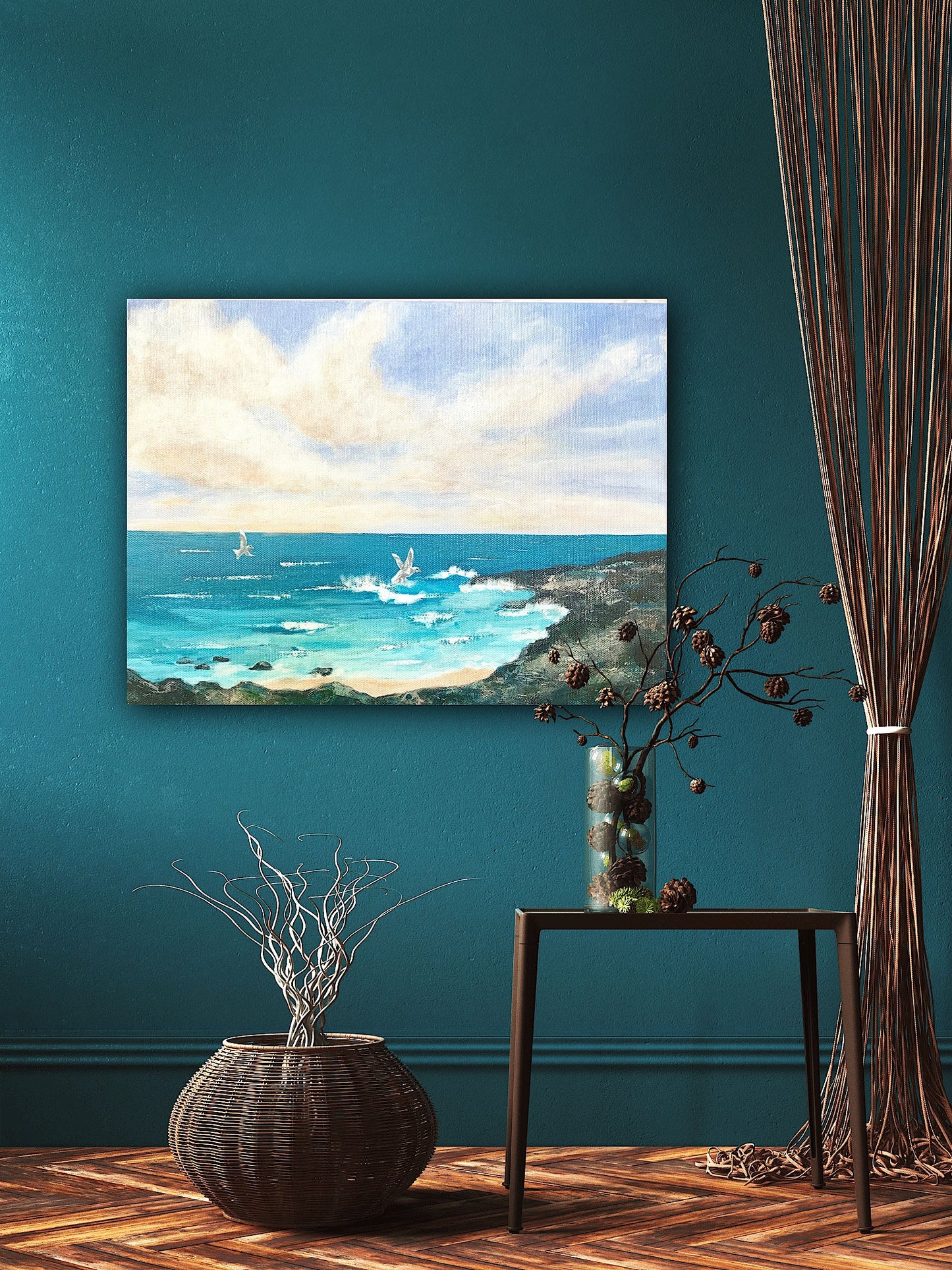 Ocean Cliffs Painting Beach life Ocean lover Gift Original painting Soothing Seascape Decor Waves Beach decor Coastal art Seagulls Sand Wave