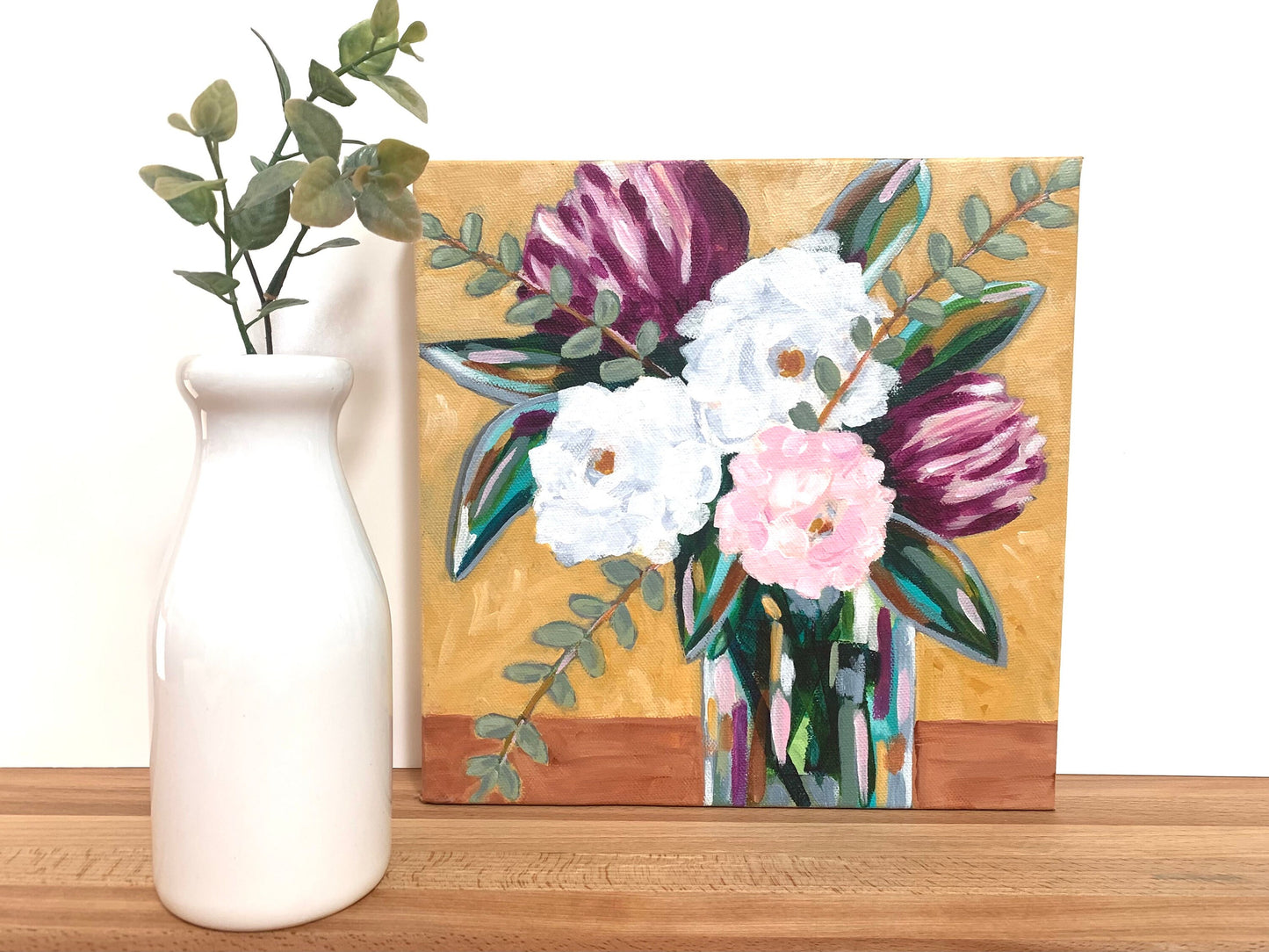 Violet and Mustard Floral Painting flower bouquet Vibrant painting Eye catching color Botanical design Nature home accent Garden decor
