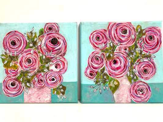 Whirling Blooms Roses painting Set of 2 in Rainbow colors Whimsical expressionist painting One of a kind nature wall art Garden