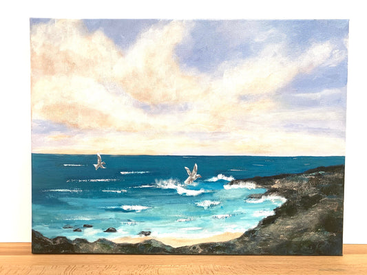 Ocean Cliffs Painting Beach life Ocean lover Gift Original painting Soothing Seascape Decor Waves Beach decor Coastal art Seagulls Sand Wave