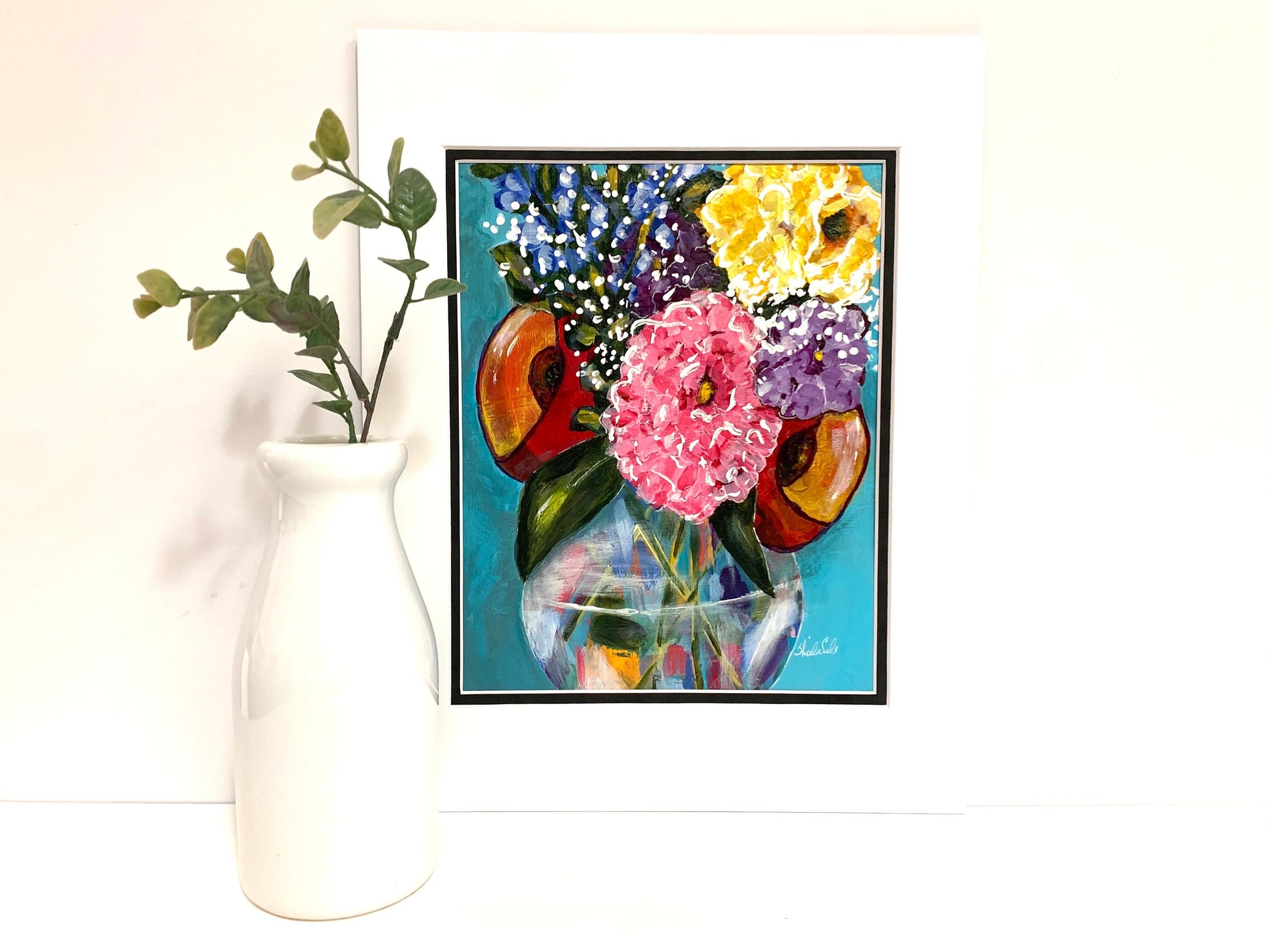 Autumn Flower Bouquet in Vase Painting on Teal paper background Home wall decor Original art Ready to Frame