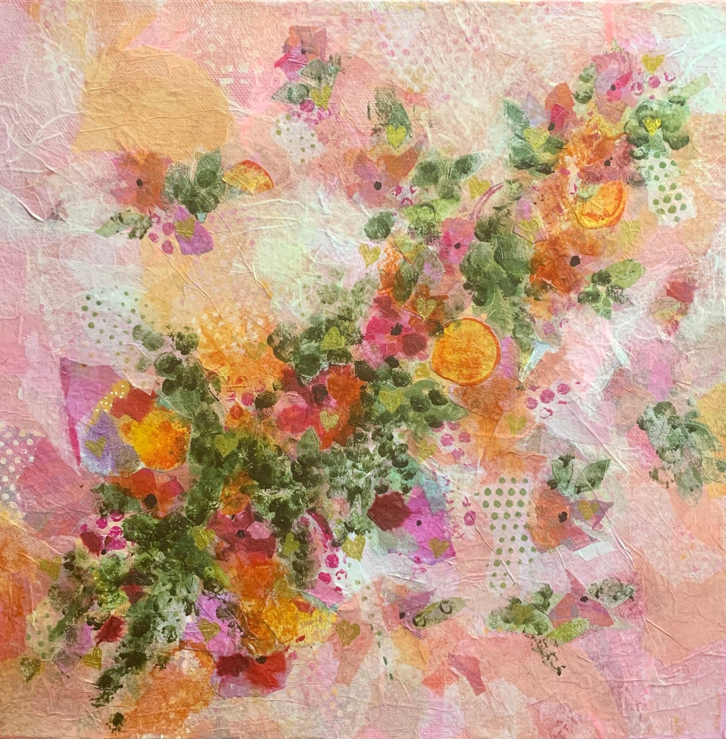 Pink Sweetheart Abstract Collage Floral Pastel Painting Gold Hearts on One of a kind nature wall art Garden decor feminine flower lover gift