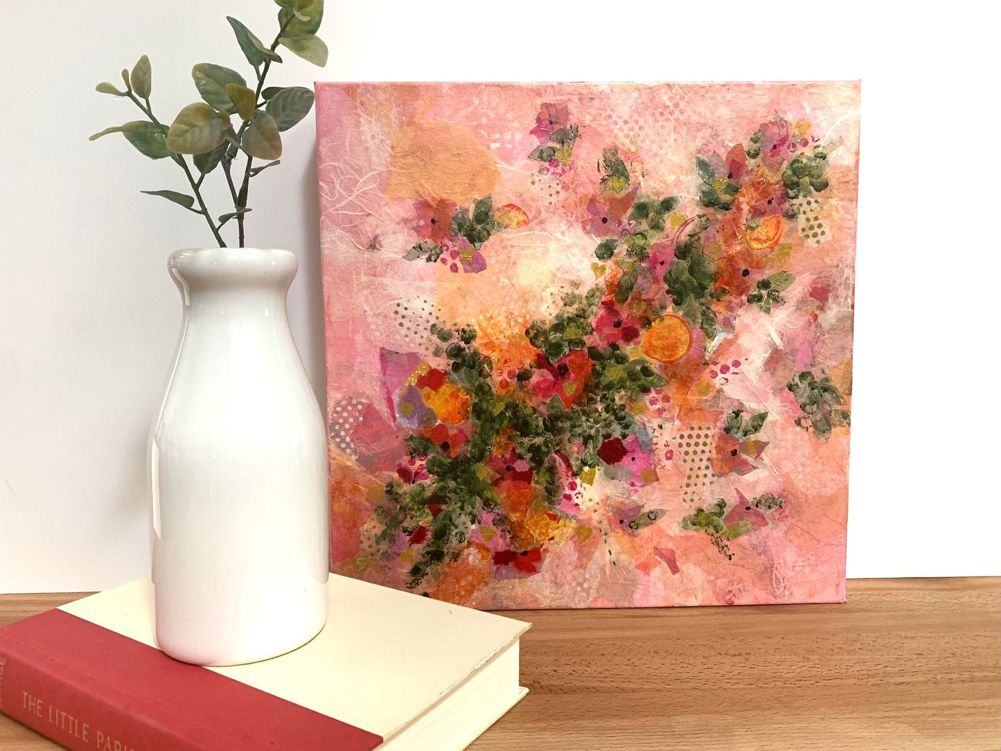 Pink Sweetheart Abstract Collage Floral Pastel Painting Gold Hearts on One of a kind nature wall art Garden decor feminine flower lover gift