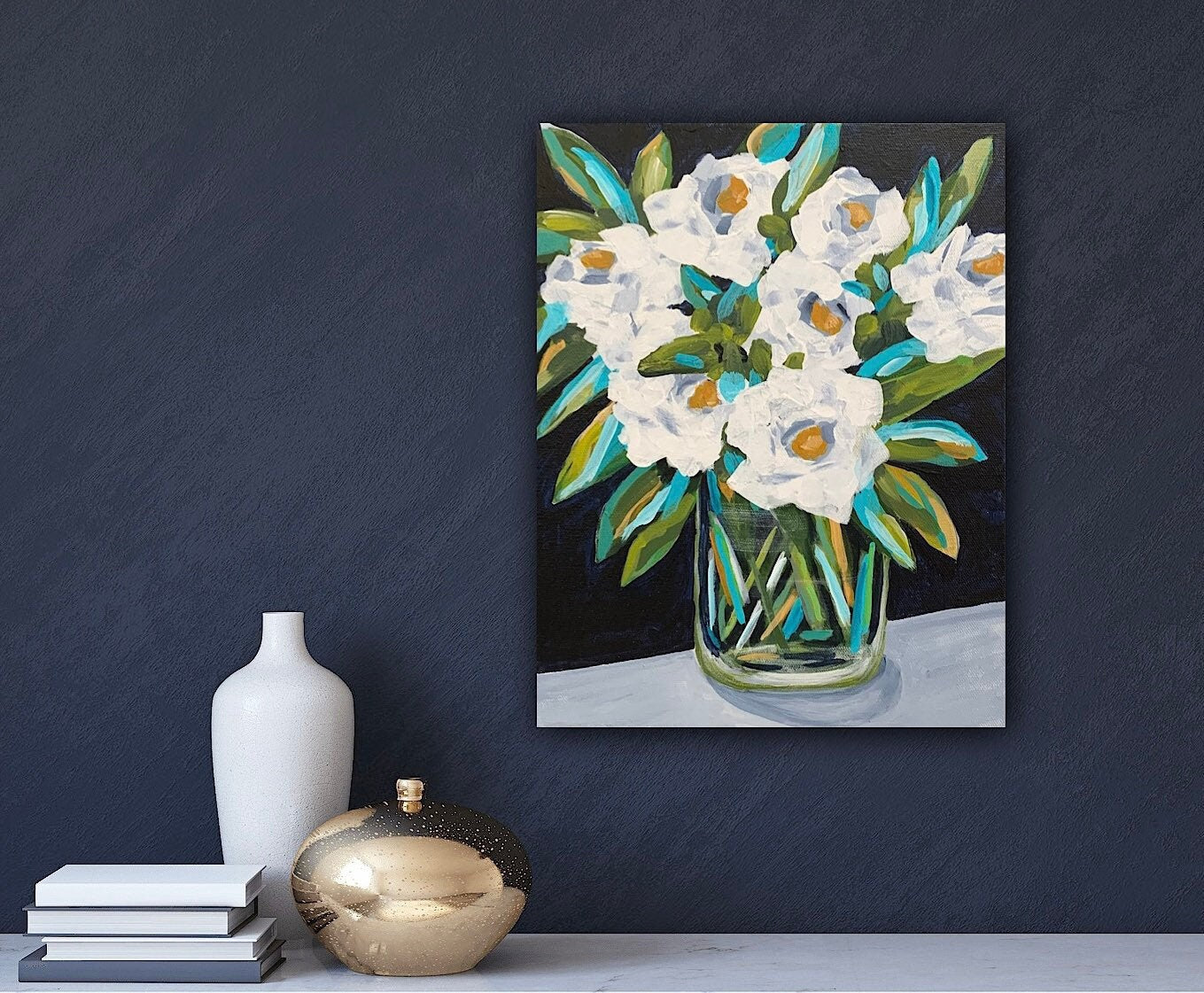 White flower bouquet classical painting Garden decor Eye catching color botanical design Nature home accent Feminine decor