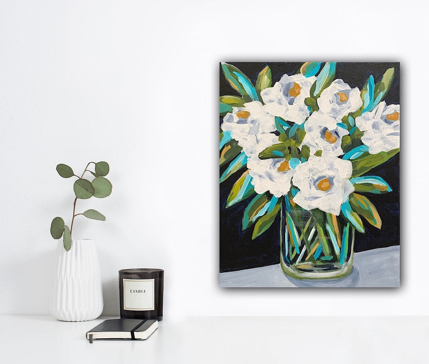 White flower bouquet classical painting Garden decor Eye catching color botanical design Nature home accent Feminine decor