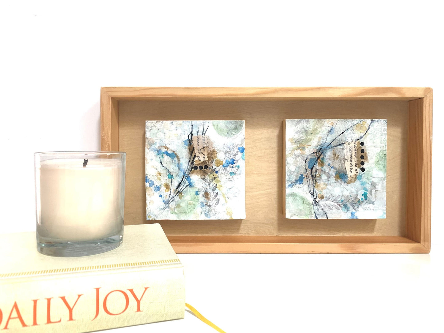 Blue Mood 1 collage art One of a kind natural wood soothing decor housewarming gift original artwork nature accent framed wallart