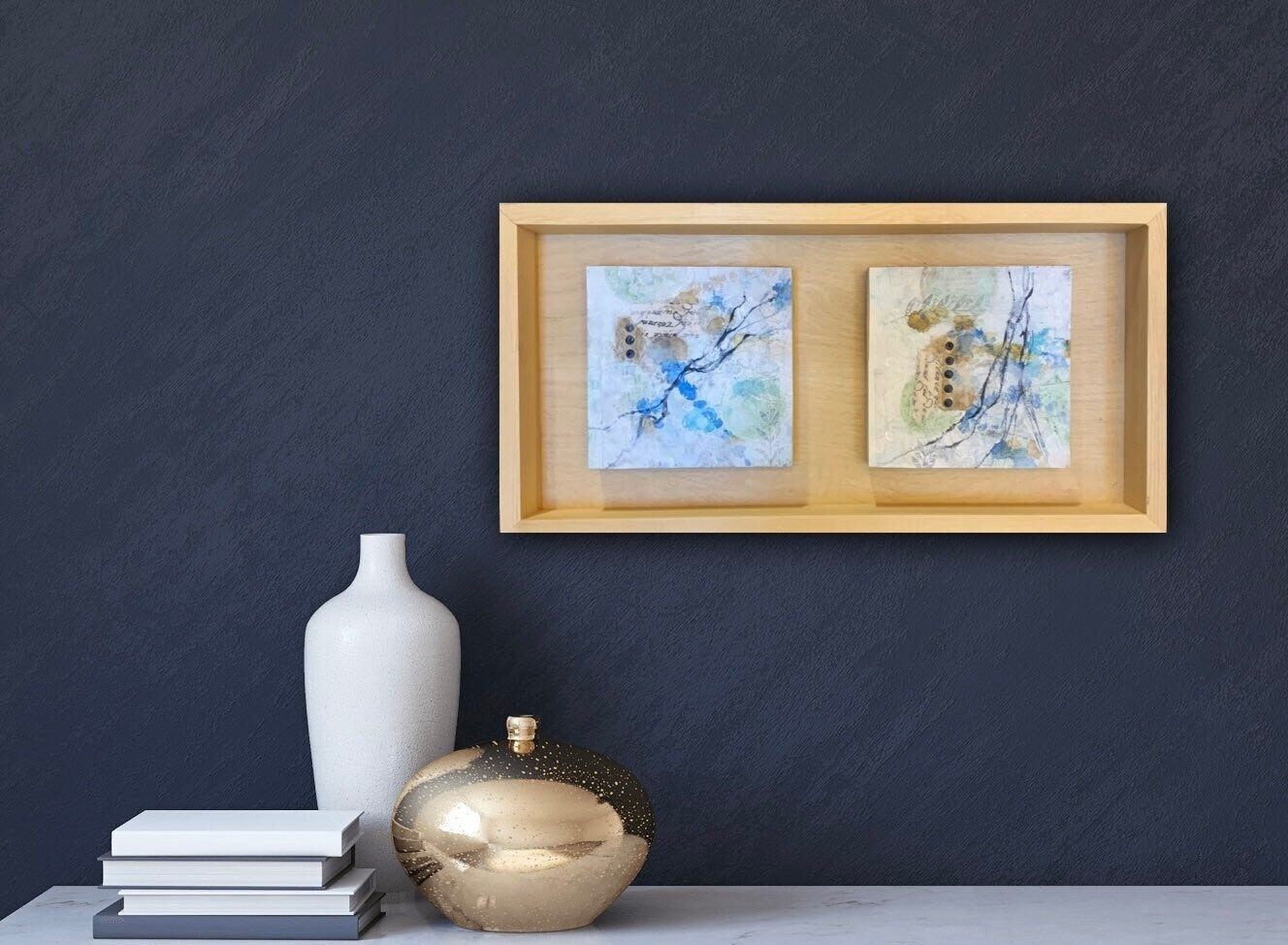 Blue Mood II collage art One of a kind natural wood soothing decor housewarming gift original artwork nature accent framed wallart