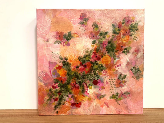 Pink Sweetheart Abstract Collage Floral Pastel Painting Gold Hearts on One of a kind nature wall art Garden decor feminine flower lover gift