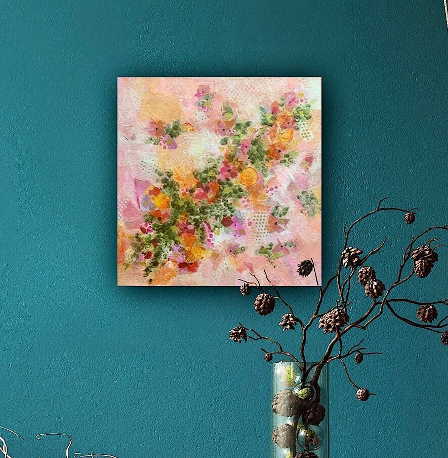 Pink Sweetheart Abstract Collage Floral Pastel Painting Gold Hearts on One of a kind nature wall art Garden decor feminine flower lover gift