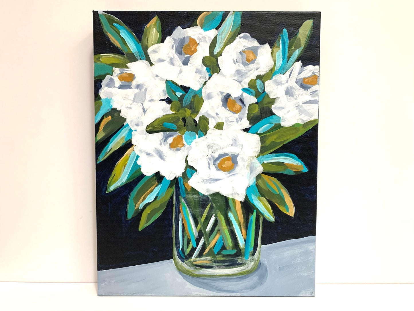 White flower bouquet classical painting Garden decor Eye catching color botanical design Nature home accent Feminine decor