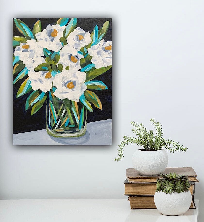 White flower bouquet classical painting Garden decor Eye catching color botanical design Nature home accent Feminine decor