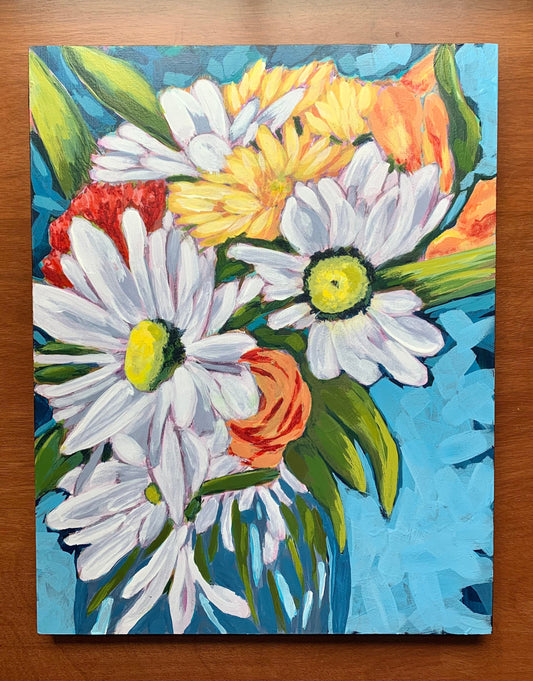 Daisies in blue vase painting