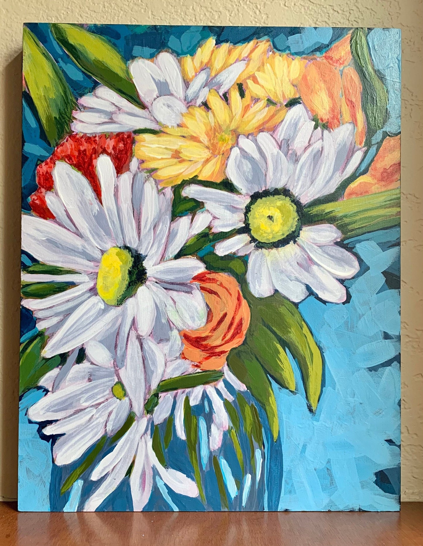 Daisies in blue vase painting