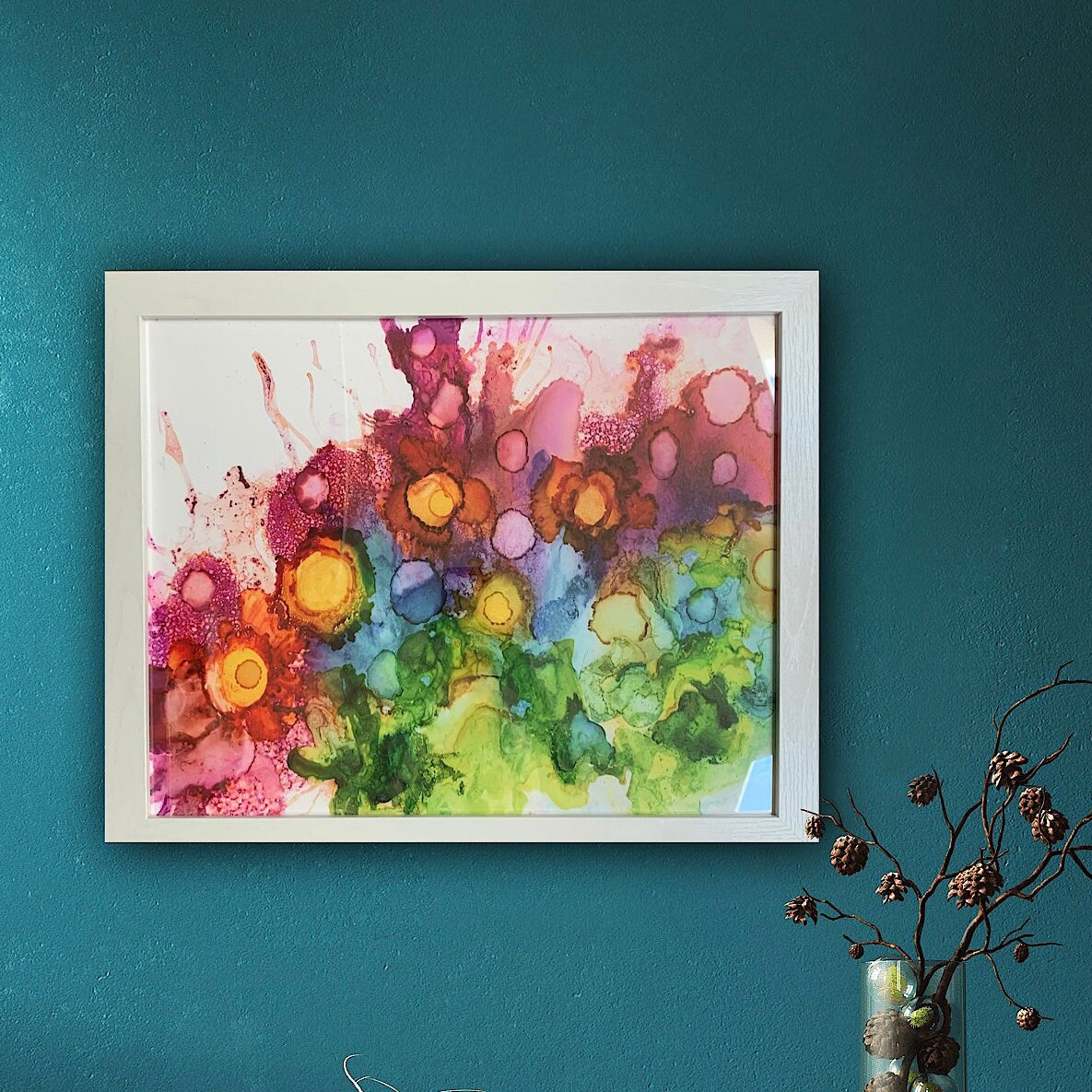 Summer Garden Ink Abstract Painting #1 Vivid Rainbow colors Whimsical One of a kind nature wall art Garden decor flower lover gift Print