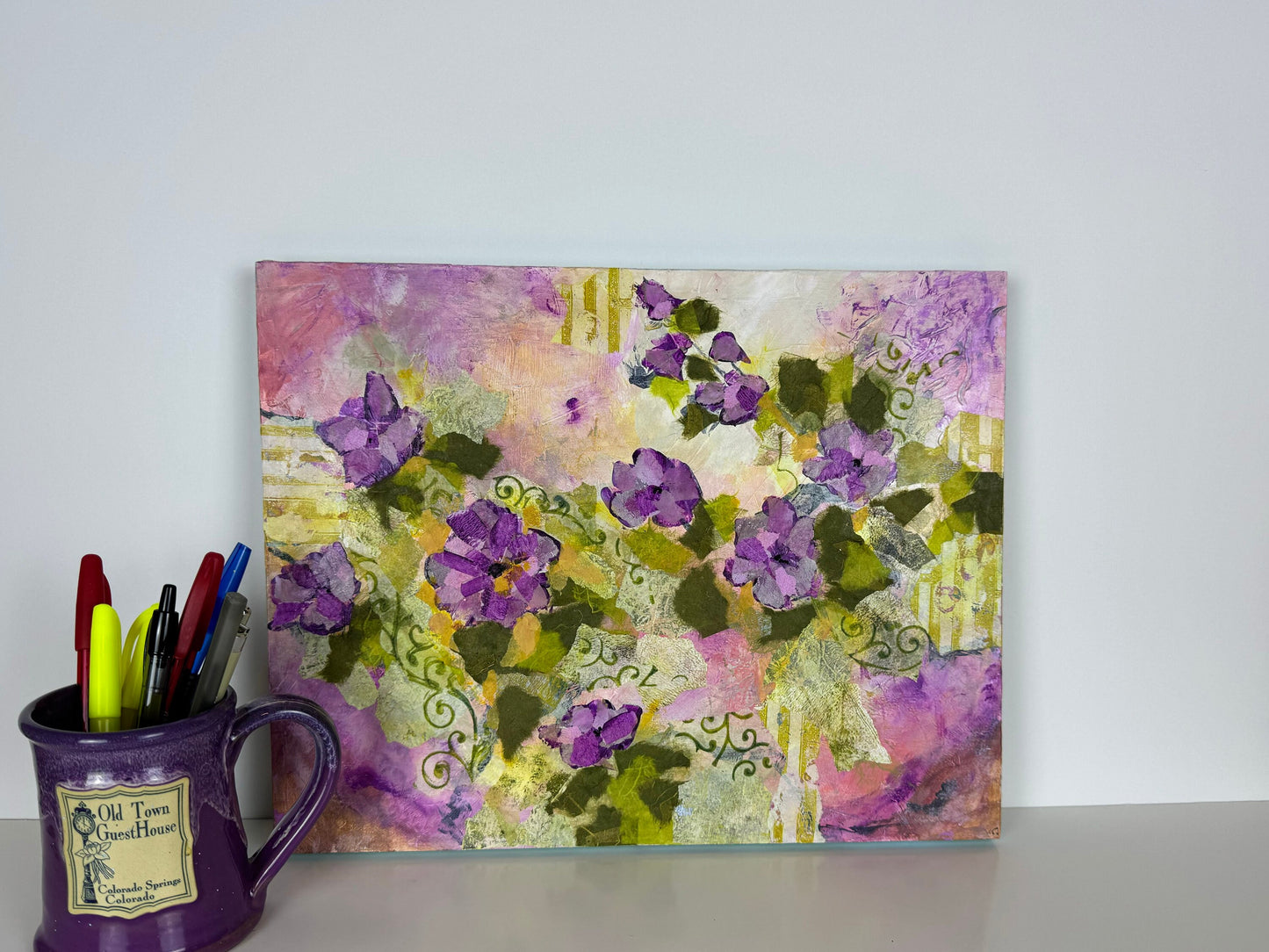 Delicate Memories in Violet Floral Painting Delicate painting Eye catching color Botanical design Nature home accent Feminine decor Collage