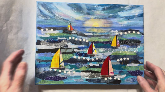 Seascape Sailboat Collage: Original Ocean Wave Painting, Coastal Art